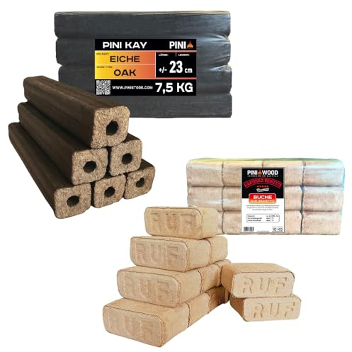 PINI Hartholzbriketts Set RUF 10 kg Briketts 100% Buche + PINI Kay 7,5 kg Holzbriketts 23 cm 100% Eiche für Kamin Ofen Grill