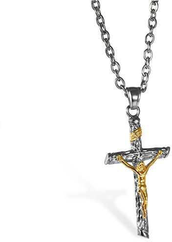 JewelryWe Schmuck Edelstahl Klassisch Jesus Christus Kruzifix Kreuz Anhänger mit 55cm Kette, Halskette für Herren und Damen, Gold Silber
