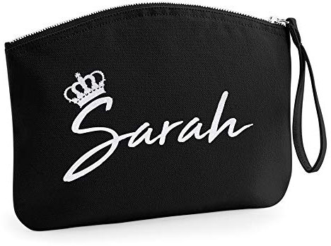 Personalisiert Name Initialen Kosmetiktasche Damen Schminktasche Handtasche Zubehör Taschen - Schwarz - L (28 x 22 cm) - Holo Weißer Glitzer Königinnen Krone