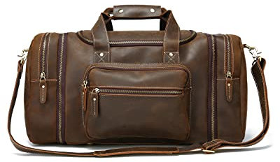 Lannsyne Reisetasche, Vintage-Stil, Vollnarbenleder, erweiterbar, 61 cm, für Wochenend-Übernachtung, Camping, 61 cm, braun, 24“