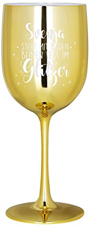 Herz & Heim® Weinkelch hochglänzend mit Gravur aus Kunststoff 460 ml Gold, Glitzer