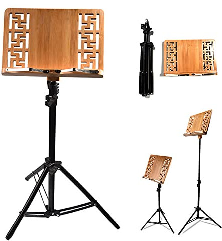 Pupitre de partitions en Bois - Pupitre de Musique Portable - Hauteur et Angle réglables/Pliables/Style rétro/Couleur Naturelle/Conception Rabattable à 300°/Double Usage Amovible, pour la Performance