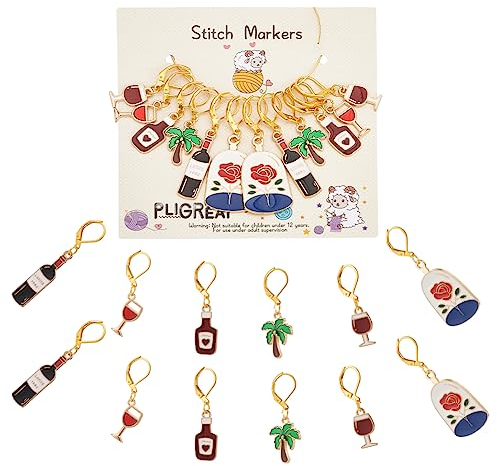 PLIGREAT 12 Stück Wein Galss Flasche Charms Maschenmarkierer Häkelmaschenmarkierer Stricken Verriegeln Maschenmarkierer für Frau Weben Nähen Quilten DIY Schmuckherstellung Zubehör