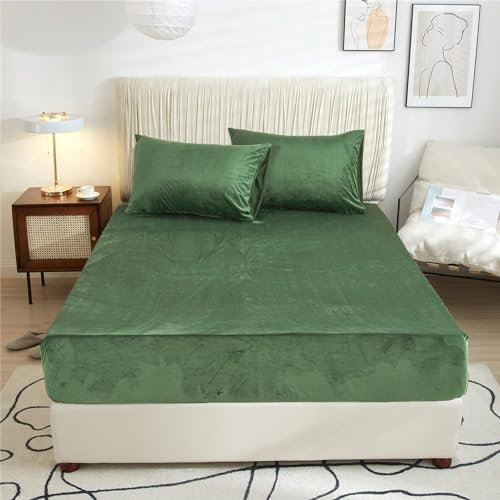 Plüsch Spannbetttuch 160x200 Winter Warm Boxspringbett Frottee Grün Olivgrüne Fleece Microfaser Spannbettlaken Doppelbett Uni Bettspanntuch für 160 x 200 Hohe Matratze Hoher Steg bis 25-30 cm