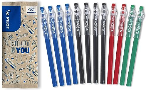 PILOT - 12 Stylos FriXion Ball Stick - Encre Gel Effaçable - 4 Bleus, 4 Noirs, 2 Rouges, 2 Verts - Le FriXion Économique à Pointe Moyenne - Pour Mettre La Trousse d'école - Fourniture Scolaire
