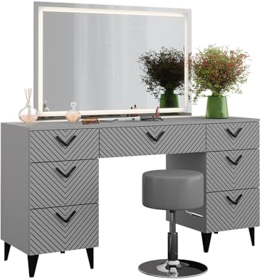 Vicco Der Schminktisch Anett, Kosmetiktisch mit Spiegel, Grau, 150 cm mit LED Spiegel und Hocker