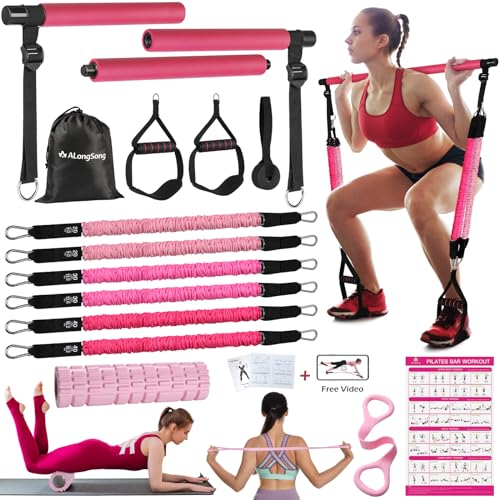 ALongSong Kit Elastique Musculation Barre de Pilates avec 6 Bandes Elastiques 30-360LBS Longueur Réglable & Ancrage de Porte Musculation Homme Femme Elastique Sport