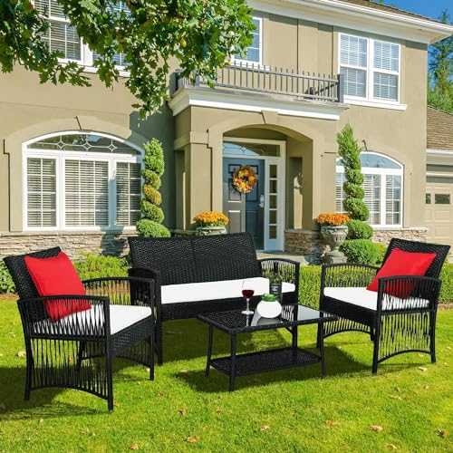 LIFERUN Rattan Gartenmöbel Set,4-Teilig,Platz für 4 Personen,1 x Doppelsofa+2 x Einzelsessel+1 x Couchtisch+3 x Sitzkissen,Balkonmöbel, Geeignet für Terrasse, Outdoor, Schwarz, Bequem, Atmungsaktiv