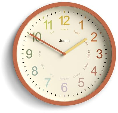 JONES CLOCKS® Kids wanduhr | Kleine Moderne kinderzimmeruhr | 25cm | Terrakotta Orange | Buntes zifferblatt zum erlernen des zeitablesens