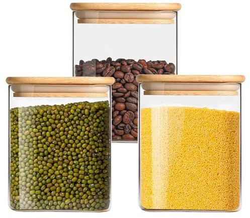 Hylruu Square Glass Storage Jars with Lids 850ML Set of 3 - High Borosilicate Glass Airtight Kitchen Food Canisters Cylinder Clear Preserving Seal Containers with Lid