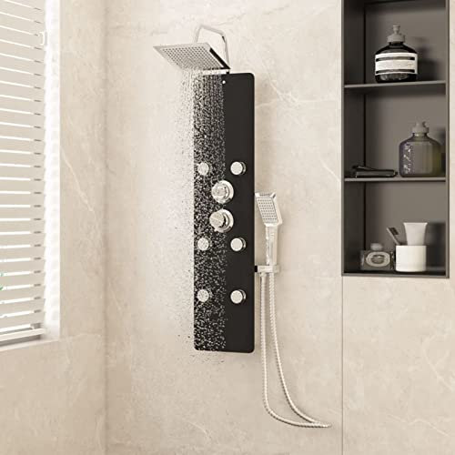 Brokky Pannello Doccia in Vetro 25x47,5x130 cm Nero-Colonna Doccia Idromassaggio con Miscelatore, Pannello Doccia Acciaio Inox Funzioni, Doccia Soffione Colonna per Bagno