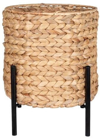 AltoBuy Maori - Cache-Pot Tressé en Jacinthe d'eau Naturelle Support en Métal Noir