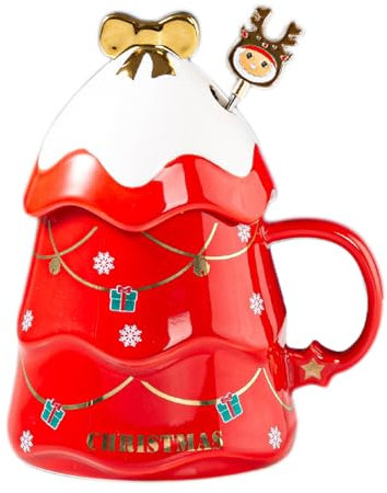 Liemuao Tasse de Sapin de Noël, 550ml Mug Mignonne en Céramique avec Couvercle et Cuillère, Tasse à Café Tasse Kawaii Chocolat Chaud Noel, Christmas Mug Set pour Famille, Ami, Collègue (Rouge)