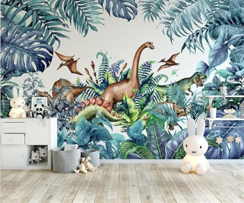 Tzxztt Tropical Plant Leaf Cartoon Dinosaur Modern 3D Wallpaper Embossed Silk Neutral Tones Material Ideal for Living Room Bedroom-400cm×280cm