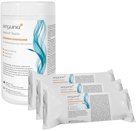 SEGUNA Desinfektionstücher-Set, 1 Dose + 3 Nachfüllbeutel mit je 150 gebrauchsfertigen Tüchern, Flächendesinfektionstücher