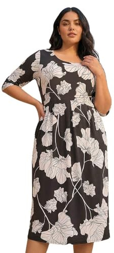 Roman Curve Floral Print Pocket Dress for Women UK - Ladies Everyday Holiday Spring Summer Round Neckline Comfy Soft Evening Vacation Work Party