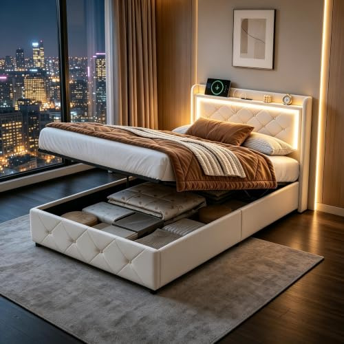 Förvaringssäng 90 x 200 med LED och USB, vadderade dubbelsängar med hydraulisk förvaring, kapitonnerade sängar med ribbotten och sänggavel, för 2 personer, modern vuxensäng (beige-3, 90 x 200)