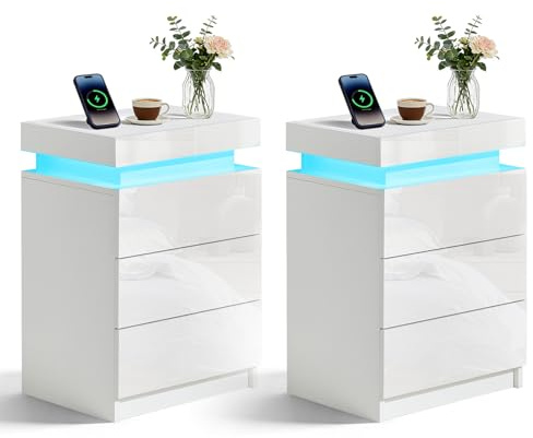 LEMROE 3-Drawer Bedside Tables Set of 2, White High Gloss Fronts – APP-Controlled LED Lights & Charging Station with Flip Top, Modern Nightstands for Bedroom, Living Room