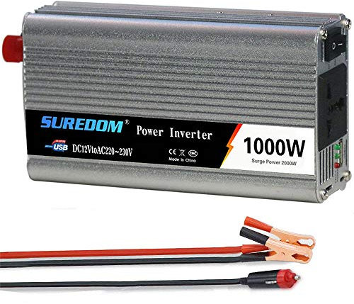 LIMEID Onduleur De Voiture 1000W, Onduleur Solaire, Convertisseur De Pur Sinus Tension CC 12V / 24V à CA 110V / 220V avec Port USB pour Connexion Directe à La Batterie De Voiture,12V-220V