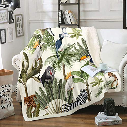 Loussiesd Palm Tree Print Throw Blanket: Leopard, Zebra Sherpa Plush Fuzzy Single 50x60, Decorative Tropical Theme for Sofa, Couch, Bed