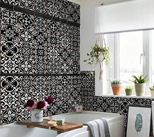 Black tile stickers Victorian Morrocan Modern retro self adhesive wall art decor transfers- Bathroom backsplash kitchen splashbacks floral decals peel and stick (mixed black, 6 inch) pack of 9