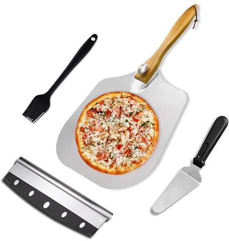 MYOTTPRO Aluminum Pizza Peel with Pizza Cutter Scraper and Silicone Bursh, Foldable Pizza Paddle and Server with Wood Handle, Pizza Oven Accessories Set of 4, 12 x 14 Inch