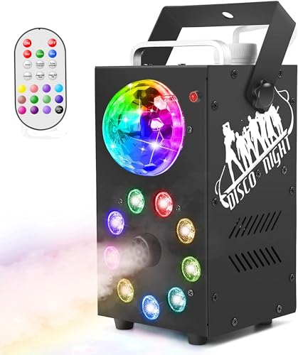 Machine à fumée 700W avec 1 boule disco 9 perles de lampe Lumière LED couleur 3-en-1avec télécommande sans fil Pulvérisateurs colorés Convient pour Halloween,fête de Noël,célébrations de mariage