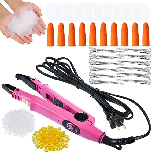 Iron Fusion Keratin Hair Extension Tool, Heat Plug, Magic Wand with Glue, Protection, Fusion Insoles Clips, Hair, Finger Protection, 2 Bags of Beads (Pink)