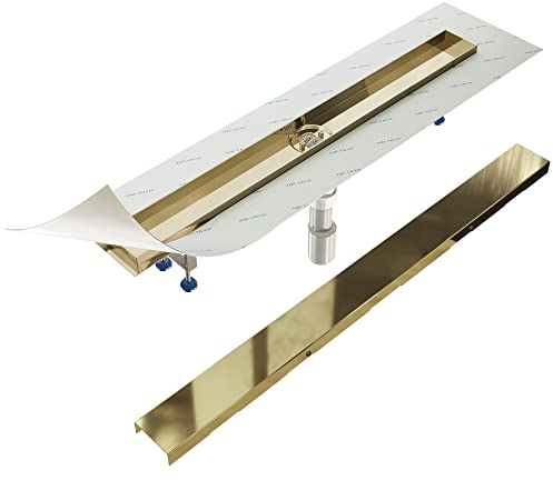 Aquabad PVD beschichtete Edelstahl Duschrinne in Gold 70 cm, inkl. Domoplex Siphon und Blende, Abgang senkrecht Mitte