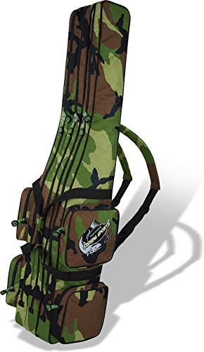 Rutentasche Rod Case Angelkoffer Futteral mit 2, 3 oder 4 Ruten-Fächern, Verschiedene Längen wählbar - stark wasserabweisender Fishing Rucksack Farbe Wood-Land 3 Innenfächer Größe 190 cm