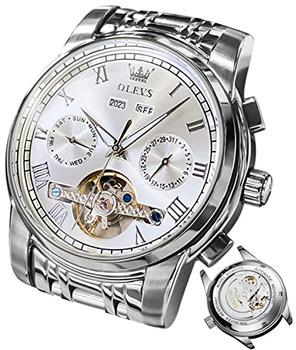 OLEVS Herrenuhren Automatik Silber Mechanische Armbanduhr mit Tourbillon Kalender Wasserdicht Leuchtende Uhren Männer