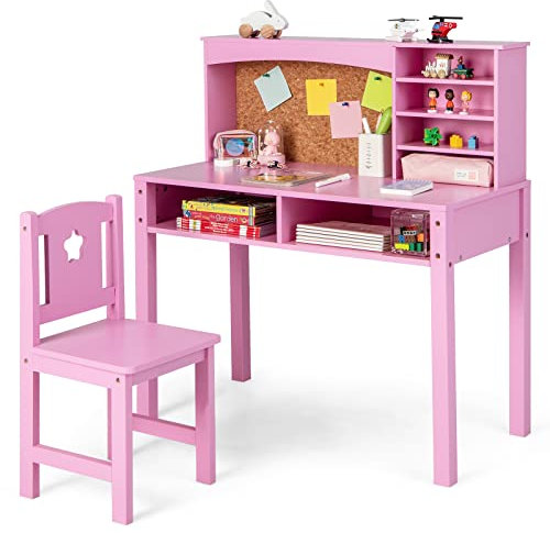 GYMAX Kids Desk and Chair Set, Wooden Children Study Table with Storage Space and Bulletin Board, Toddler Writing Desk Set for Boys Girls (Pink)