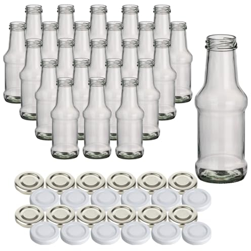 gouveo 24er Set Glasflasche für Saft mit Schraubdeckel in silberfarben und weiss - Saftflasche 250 ml - Leere Flaschen für Saft, Smoothies, Limonade (BBQF250SW)
