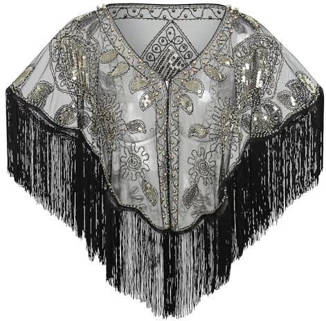 EORUBE 1920s Stola Damen Pailletten Umschlagtücher für Abendkleid Retro Stola Frauen Gatsby Party Schal Kostüm Accessoires Flapper Abdeckung (Schwarz Gold)
