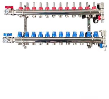 Premium Heizkreisverteiler 12 Heizkreise Kugelhahn Schnellentlüfter Messing Vernickelt Schallgedämmt Fußbodenheizung Thermometer