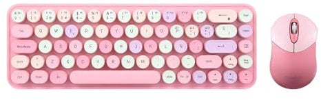 Perixx PERIDUO-802PK ES Set de Ratón y Teclado Inalámbrico Bluetooth Mini - Estilo Retro con Teclas Redondas - Rosa Pastel - Español QWERTY