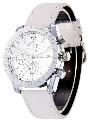 Casotime Orologio Cronografo Uomo in Pelle - Impermeabile 30M, Quarzo Analogico con Data, Quadrante Grande - Classico ed Elegante per Tutti i Giorni, Lavoro & Sport - Regalo Elegante per Uomini