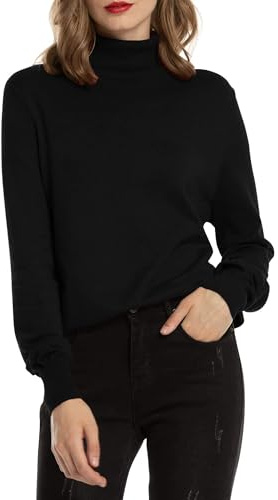 Woolen Bloom Pull à col roulé pour femme - Pull stretch en tricot fin et doux - Élégant - Col montant - Manches longues - Pour l'automne et l'hiver, Noir-1, S