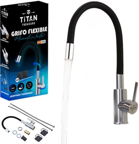 TITAN TREASURE® Grifo de Cocina Flexible 360° – Acero Inoxidable 100%, Monomando Giratorio, Torneira Cozinha, Fácil Instalación, Agua Fría y Caliente