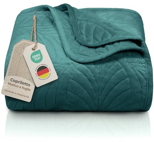 Gräfenstayn Premium Tagesdecke 170x210 cm – Bettüberwurf mit Nahtloser Steppung & Blatt-Design – Samt-Decke – weich, knitterfrei & pflegeleicht – Überwurf für Bett & Sofa (dunkelgrün)