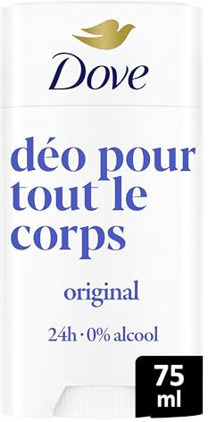 DOVE Déodorant pour Tout le Corps Stick Original 24h Peaux Sensibles 75ml | Protection Anti-Odeurs 24h, 0% Alcool, Aisselles, Poitrine, Cuisses & Plus, Anti Traces-Blanches, Testé dematologiquement