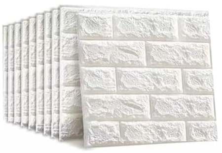 3D Self Adhesive Wall Stickers Pack of 10, Brick Wallpaper Foam Panel, Decorative Waterproof Wall Panel Tile for Living Room Bedroom Kitchen Home Office, 35 * 38.5cm White