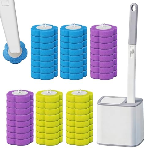 Toilet Wand Kit with 48 Refill Pads, Wall-Mounted Toilet Brush with Replacement Heads & Holder | 360-Degree Cleaning System for Toilet Bowl, Bathtub, Sink and Wash Basin | Hygienic Disposable Brush