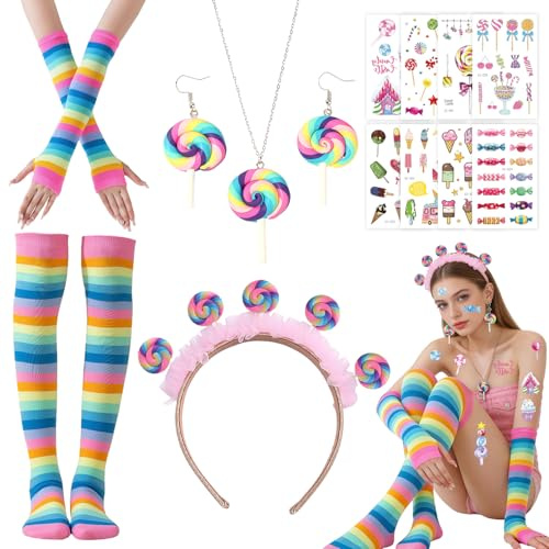 AYNKH 14PCS Lollipop Kostüm Damen Set, Lollipop Costume Karneval Haarband Ohrring Halskette Ärmel Socken Tattoos für Bonbon,Candy Halloween,Karnevalskostüm Accessoires Mottoparty