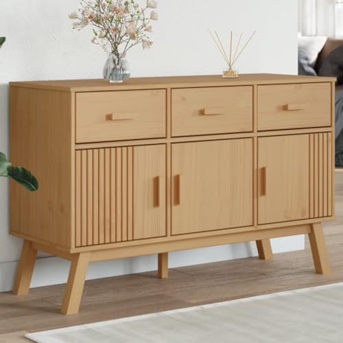 Ordellia Olden Sideboard Braun 114x43x73,5 cm, Massivholz Kiefer Anrichte mit 3 Schubladen und Türen, skandinavisches Design für Wohnzimmer, Esszimmer, Flur