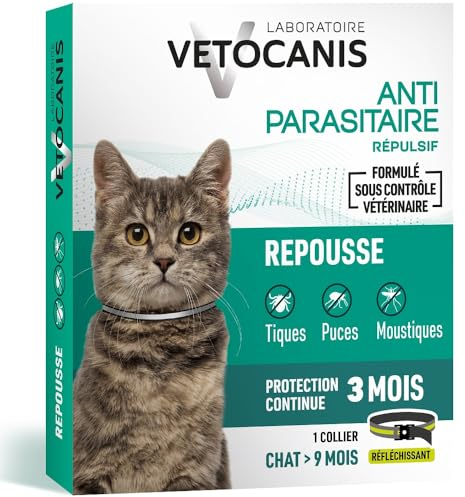 Vetocanis - Collare antiparassitario per gatti notte - Antizecche e antipulci gatto - Efficace 3 mesi - Per gatti di più di 9 mesi - Resistente all'acqua - Formulato sotto controllo veterinario