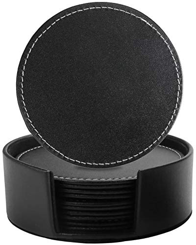 Leather Coasters for Drinks with Holder Set of 6,Coffee Mats Protect Furniture from Hot or Cold Water Marks & Damage, PU Leather Drink Coasters Suitable for Kinds of Mugs and Cups (Round Black)