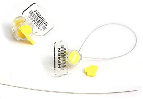 HIMEN 100 precintos de seguridad de plástico con cable de acero para contadores eléctricos y de agua, numeración consecutiva con código de barras, longitud 300 mm, modelo TRS-05x7, amarillo