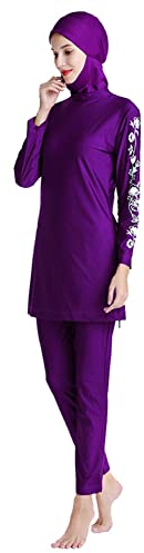 IBTOM CASTLE Damen Muslimische Badeanzug Frauen Burkini Badebekleidung LangarmBescheidenes Schwimmhemd Hose Badekappe Vollständige Abdeckung Islamischer Hijab Arabische Badeanzüge Violett+Blumen S