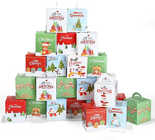 GWHOLE 24 Stück Geschenkbox Weihnachten Schachtel mit Henkel Weihnachtsbox Klein Geschenkschachtel Karton zum Befüllen für Kekse Geschenk Weihnachtsdeko